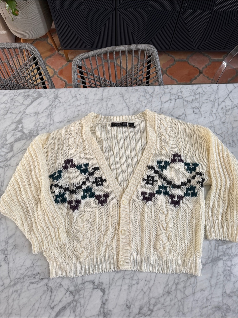 VTG Bugle Boy Men’s Sz M Cable Knit Cropped Cardigan Sweater Motif
